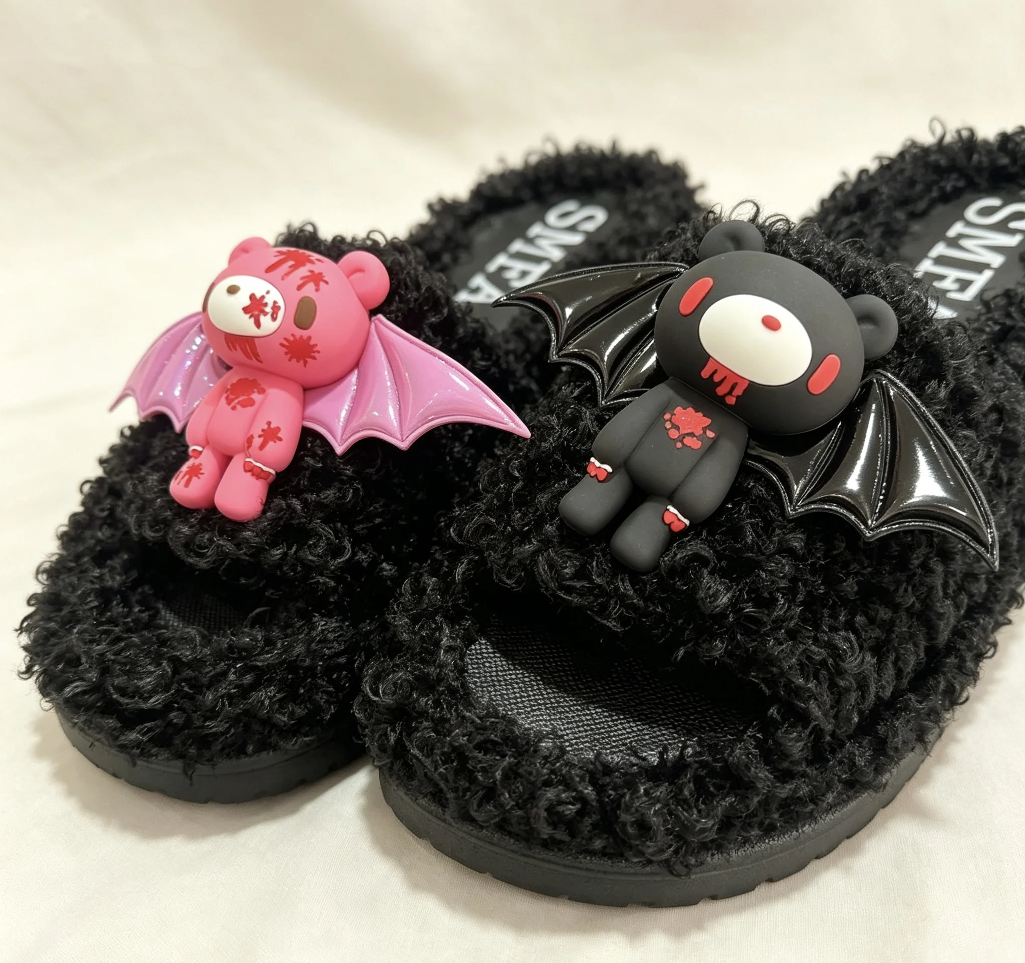 Women Y2K Gothic Fluffy Slide Slippers, Gloomy Bear with Bat Devil Wings Curly Fur Open Toe Sandals, Kawaii Home Indoor Shoes