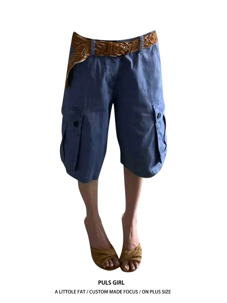 

Retro American Large Size Washed Denim Workwear Trousers Women's Loose Wide Leg Five-Pointed Pants Summer Trendy High Waist