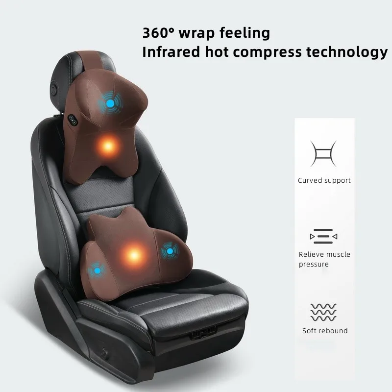 Car Electric Massage Headrest Lumbar Support Vibration Waist Lumbar Neck Pillow Backrest Cushion Car Seat Interior Accessories