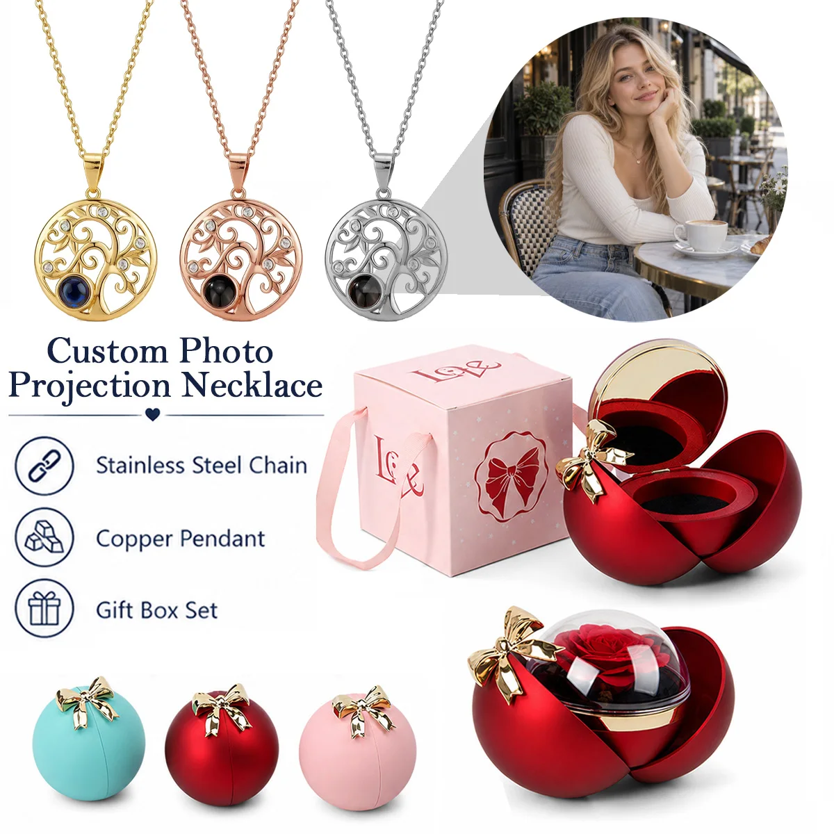 Custom Photo Projection Round Tree Necklace Spherical Rose Gift Box Stainless Steel Chain Mother's Day Valentine's For Women Mom
