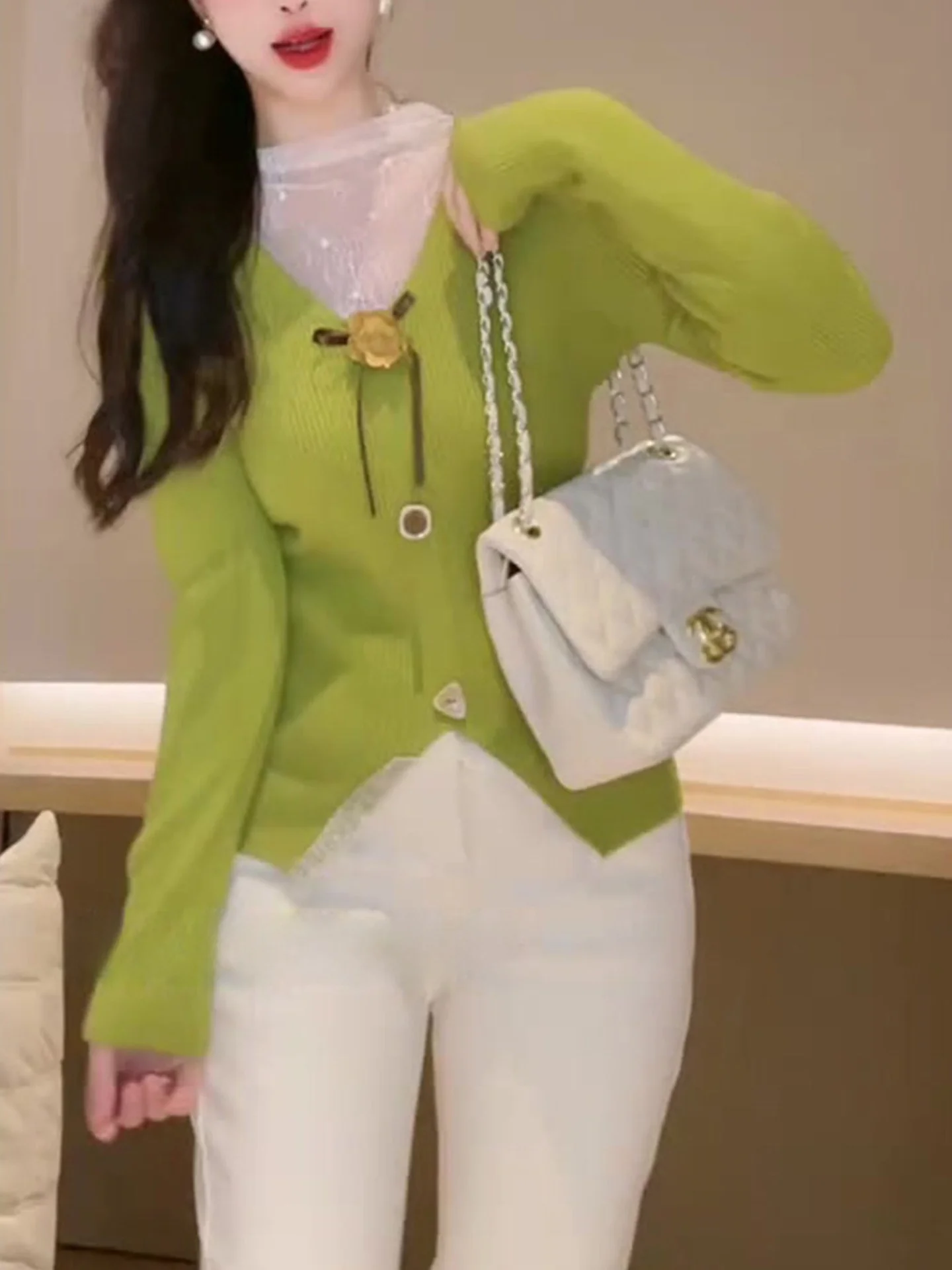 Ele Lace Splice Knitted Long Sve Women's Top Faionable Autumn Winter Base irt Commute Sle Straight Cut Korean Ve...