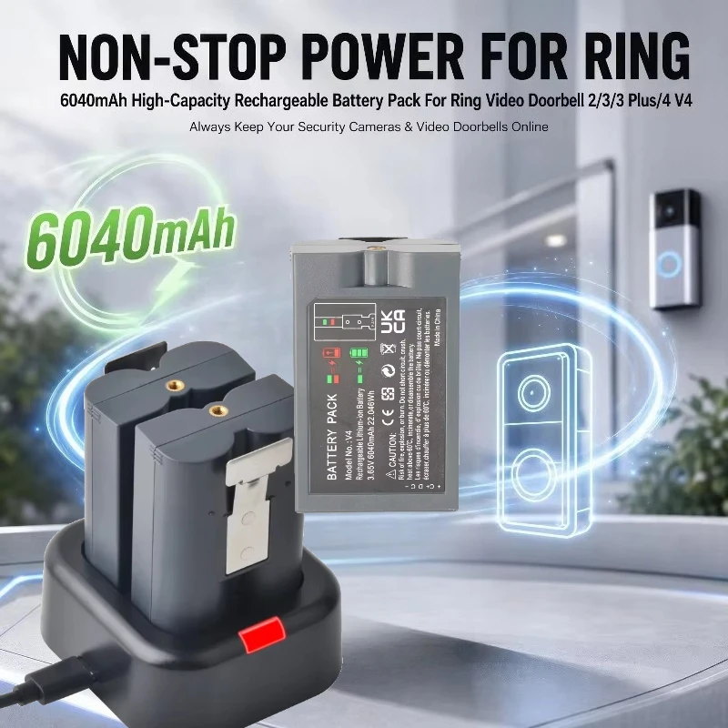 For Ring Video Doorbell 2/3/3 Plus/4 V4 3.65V 6040mAh Quick Release Rechargeable Li-ion Battery Doorbell Plus Spotlight Cam Plus