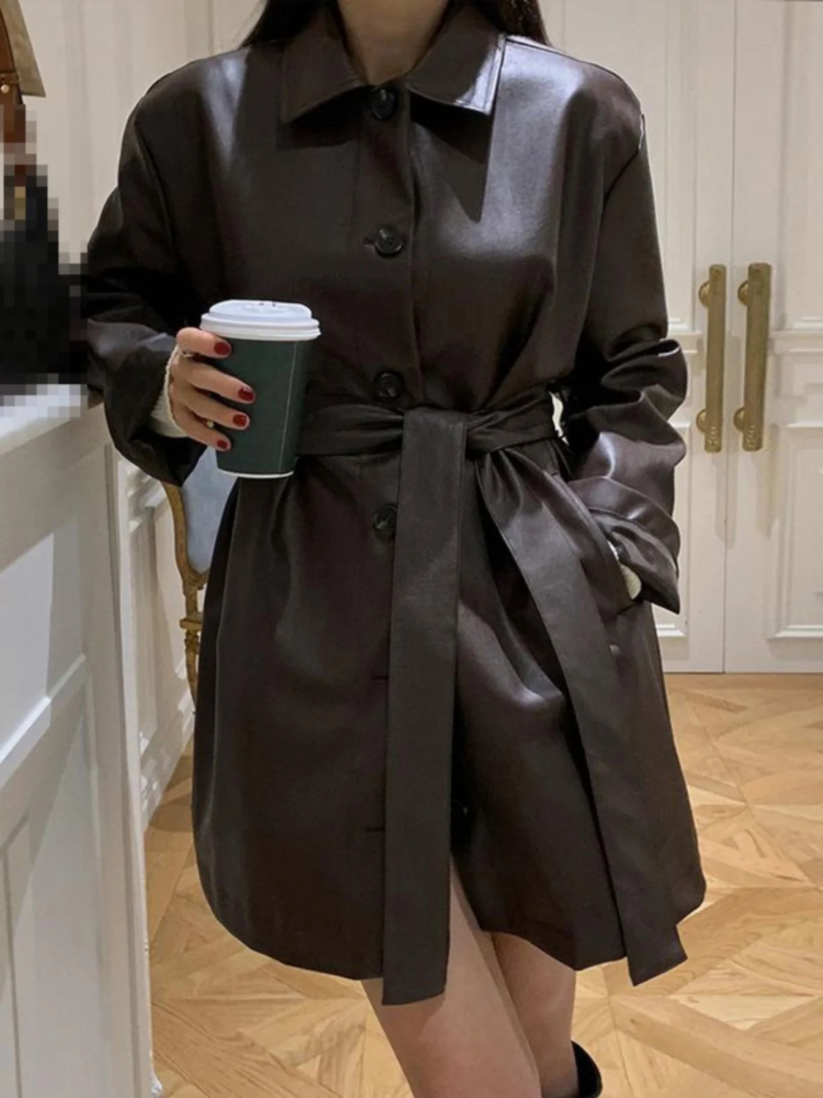 Black Leather Jacket Women's Spring 2025 New Mid-Length Waist-Cinching Slimming Long Sleeve Design Windbreaker PU Leather