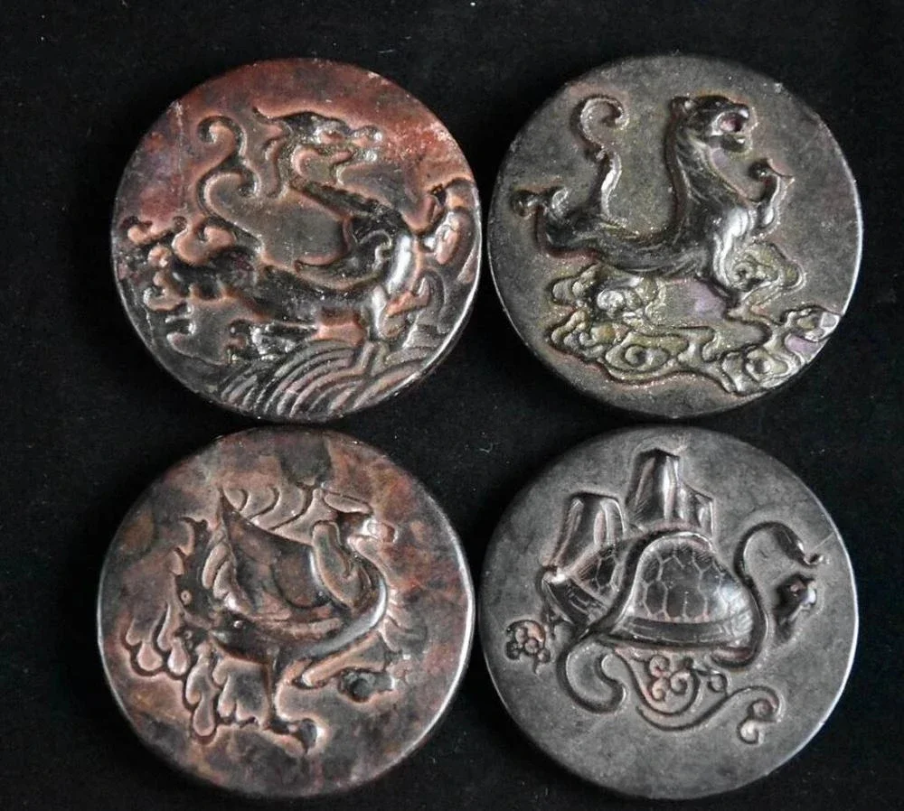 Hongshan culture archaize black iron meteorite sculpture set of Round Four Great Beasts bi statue