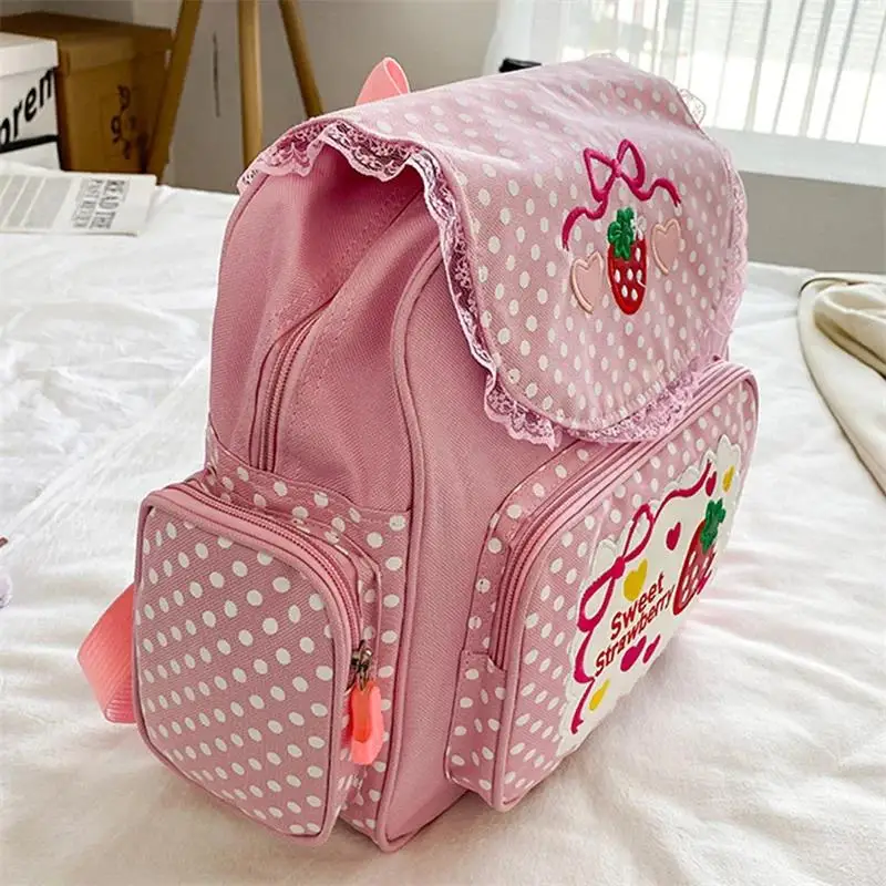 Kawaii Kids School Bag Cute Strawberry Embroidery Student Mochila Dots Multi-Pocket Nylon Fashion College for Teenager Girl