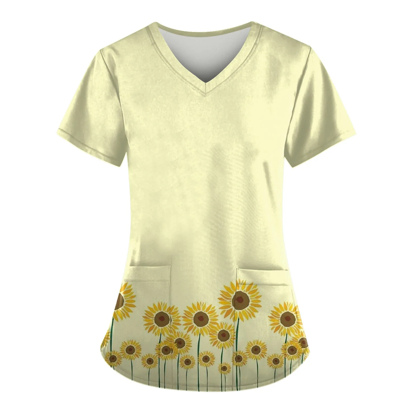 Vêtements de travail à manches courtes et col en v pour femmes, haut de gommage avec poches, imprimé tournesol, uniformes de soins infirmiers pour clinique d'hôpital
