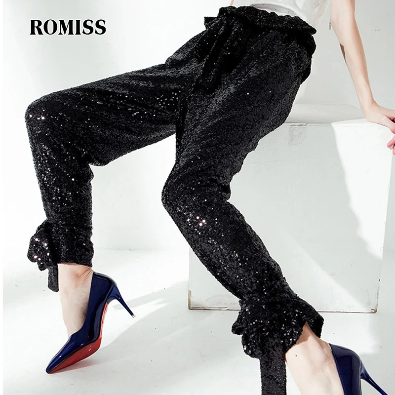 

ROMISS Patchwork Sequins Pencil Pants For Women High Waist Loose Folds Spliced Lace Up Fashion Spring Pants Female 2024 New