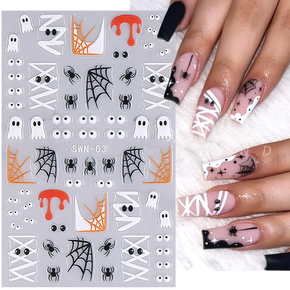 3D Halloween Nail Stickers Cartoon Mummy Bandages Ghost Eyes Pumpkin Spider Web Blood Drops DIY Winter Matte Nail Art Decoration