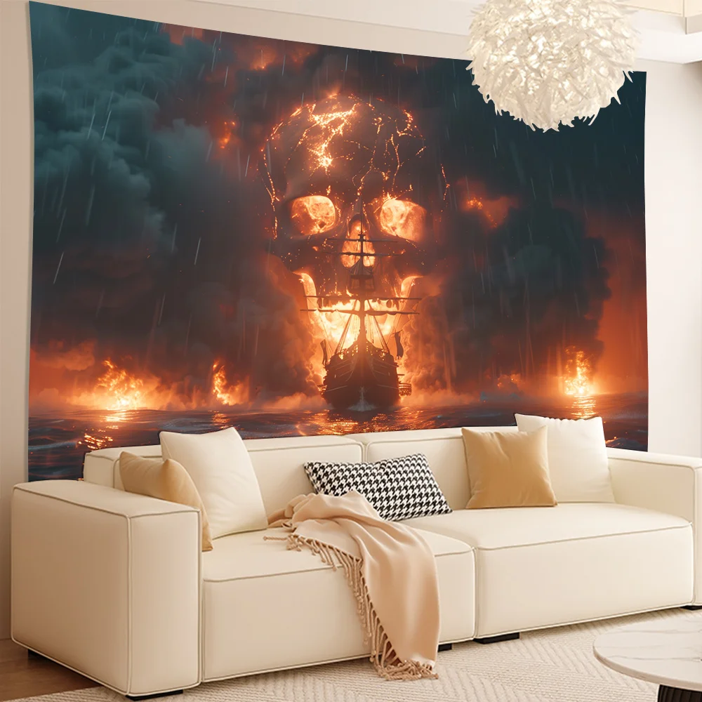 Fiery Skull Pirate Ship Tapestry, Dark Ocean with Burning Skull, Horror Fantasy Wall Hanging for Bedroom Living Room