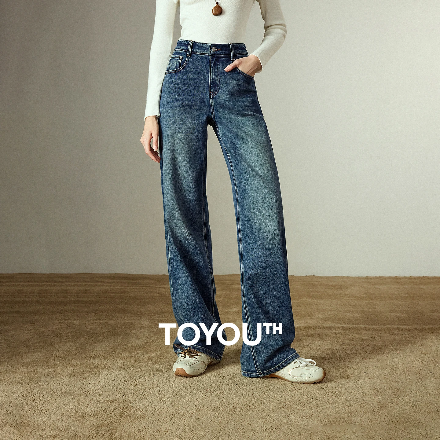TOYOUTH Women Shaping Denim Straight Pants 2025 Winter New Black Label Lycra Brushed Warm Mid-Low Waist Full-Length Trousers