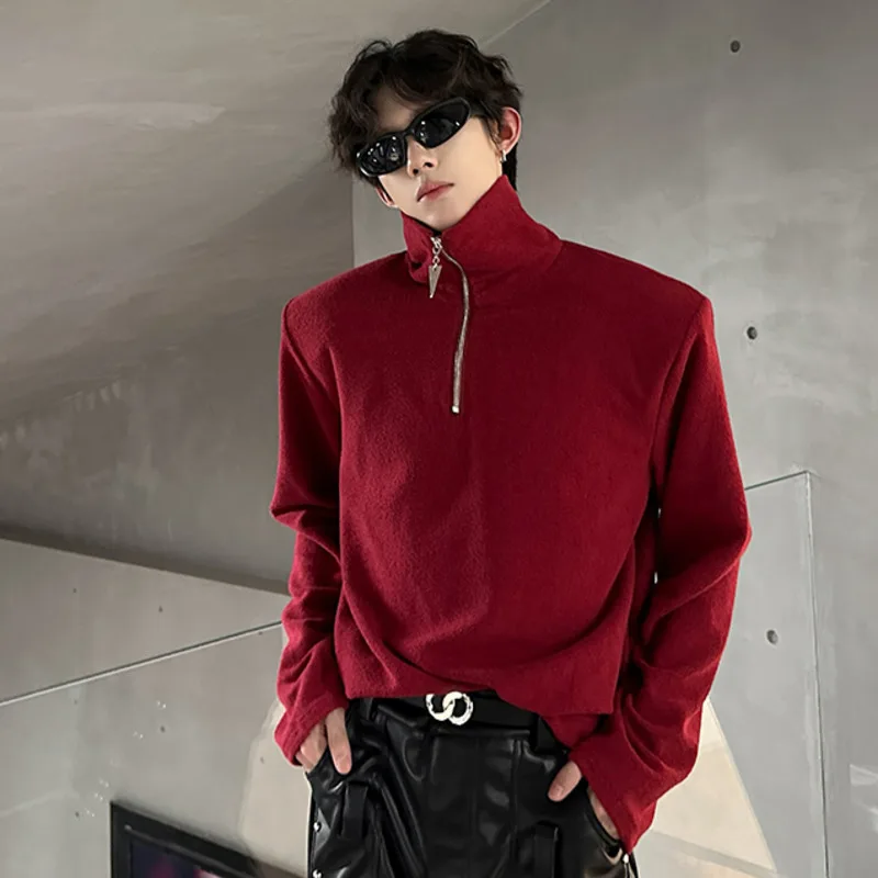 IEFB Spring Men's T-shirts Half Zipper Design Casual Mock Neck Shoulder Pads Tops Long Sleeve Solid Color Loose Male Tees 9W222