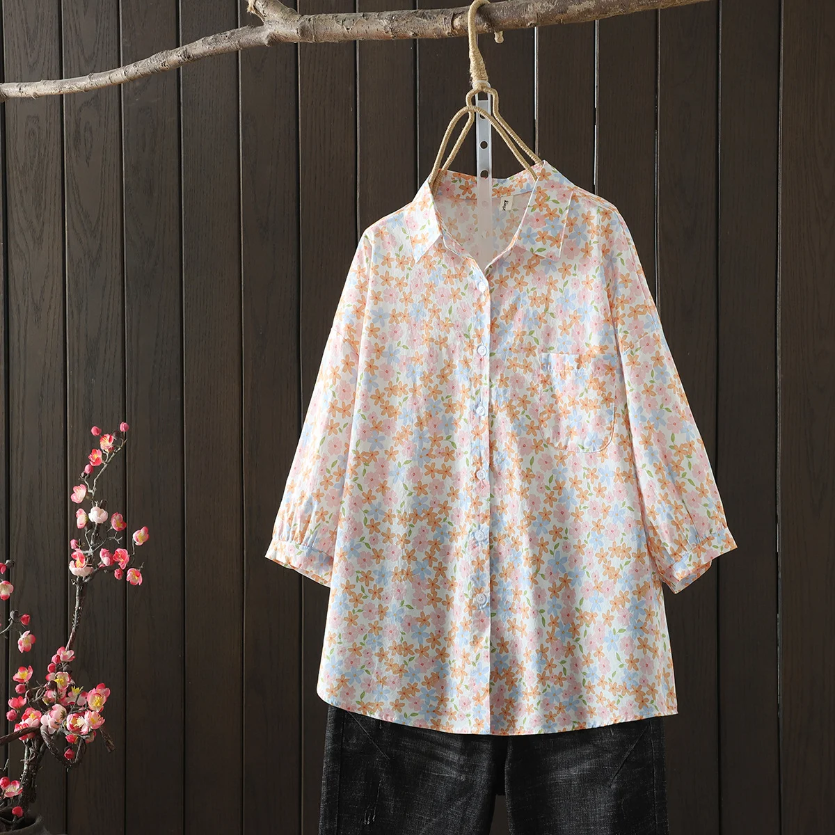 100% Cotton printed shirts & blouses for women summer half sleeve loose tops mum middle-aged women\'s clothing