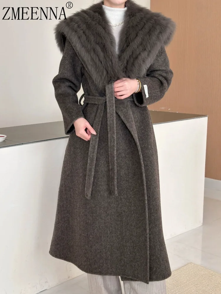 

ZMEENNA женское темно-коричневое полушерстяное длинное пальто с меховым воротником и поясом на талии, элегантная роскошная теплая зимняя верхняя одежда ZM4612