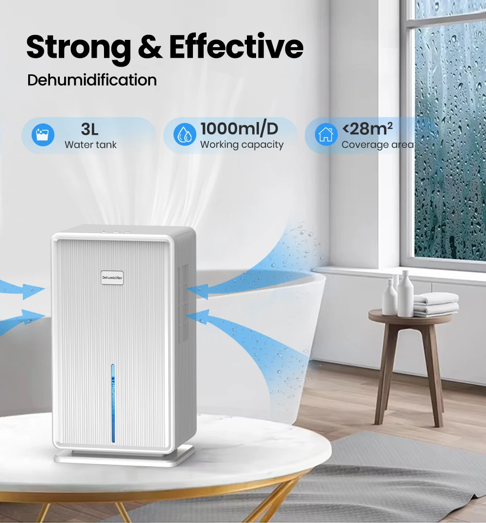 Sleep Mode Dehumidifier (≤39dB) Semiconductor Tech, 3L Tank, 1000ml/D Capacity, LED Indicator for Home Bedroom