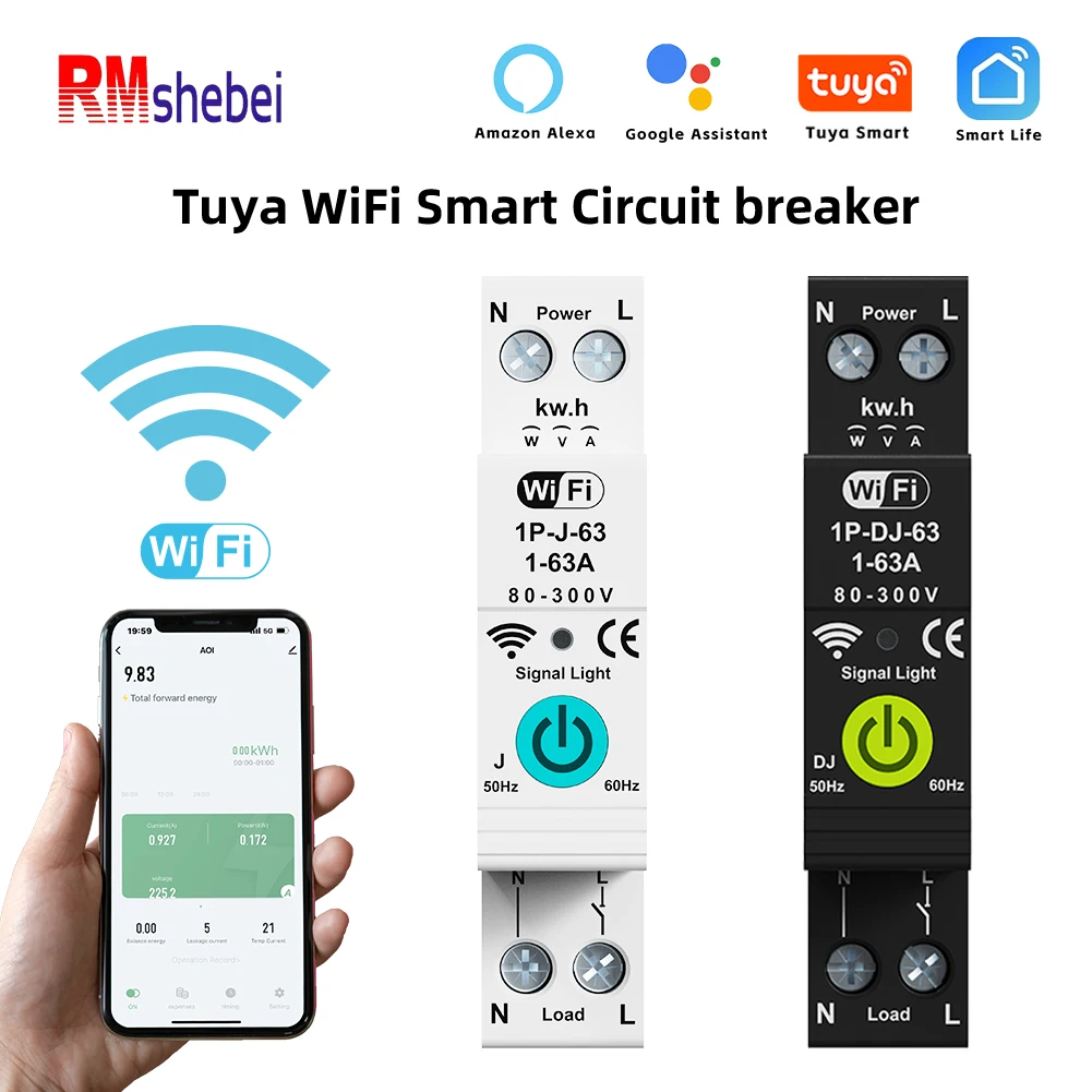 

RMshebei wifi smart circuit breaker 110v tuya smart automatic wifi switch voltage protector wifi electricity meter 63A