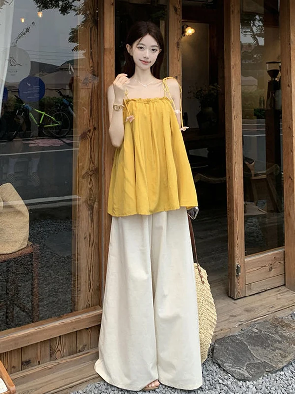 

Korean Style Floral Pleated Vest Women's Summer New Loose Strapless Outerwear Top Youthful Reducing Age Binding Fashion Set