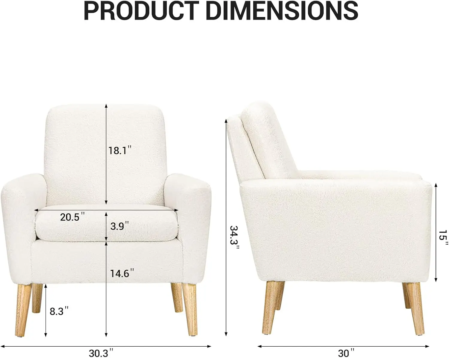 Modern Comfortable Armchair for Bedroom, Living Room, Home Office - Sherpa, White, Teddy Fabric, Wood Legs
