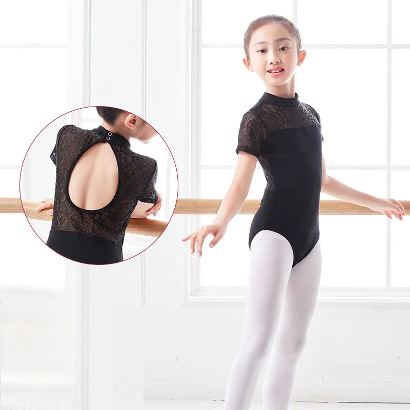 Black Lace Professional Girls Ballet Leotard Short Sleeve Lovely Dance Wear Toddler Kids Cotton Gymnastics Leotard With Snap