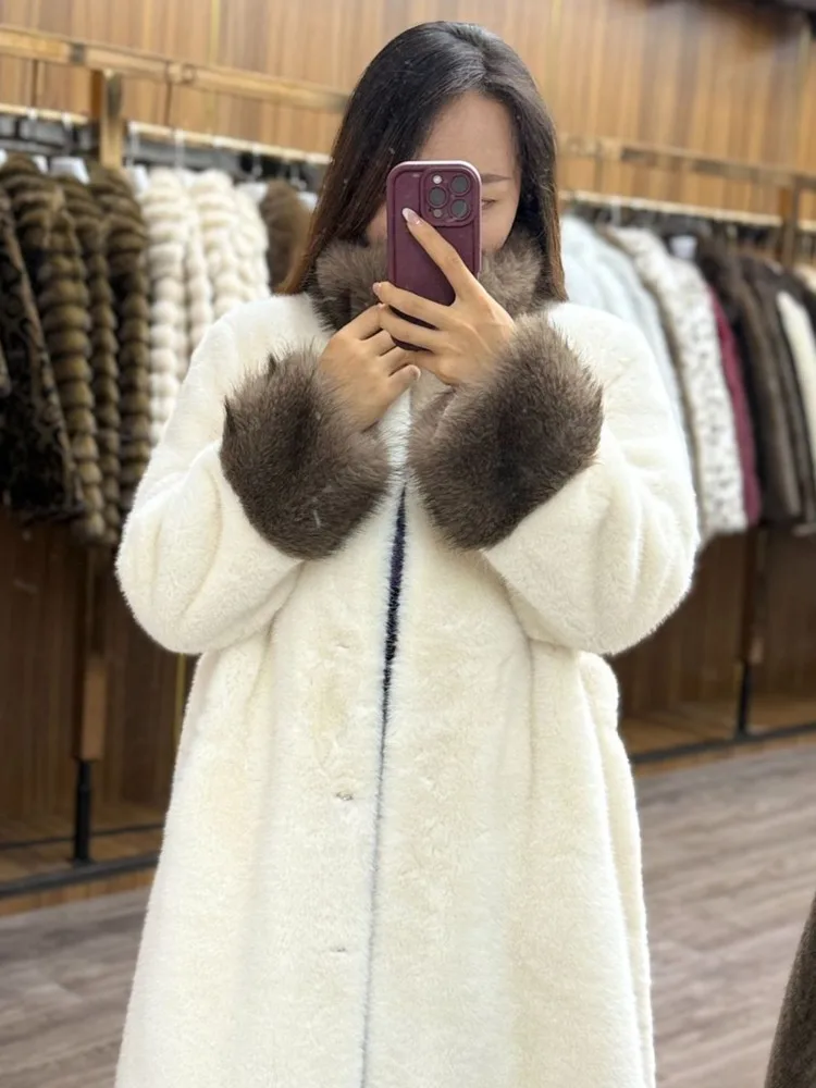 ZMEENNA Abrigo de piel sintética de invierno para mujer elegante Chaqueta larga de felpa blanca elegante de longitud completa con puños de contraste ZM3726