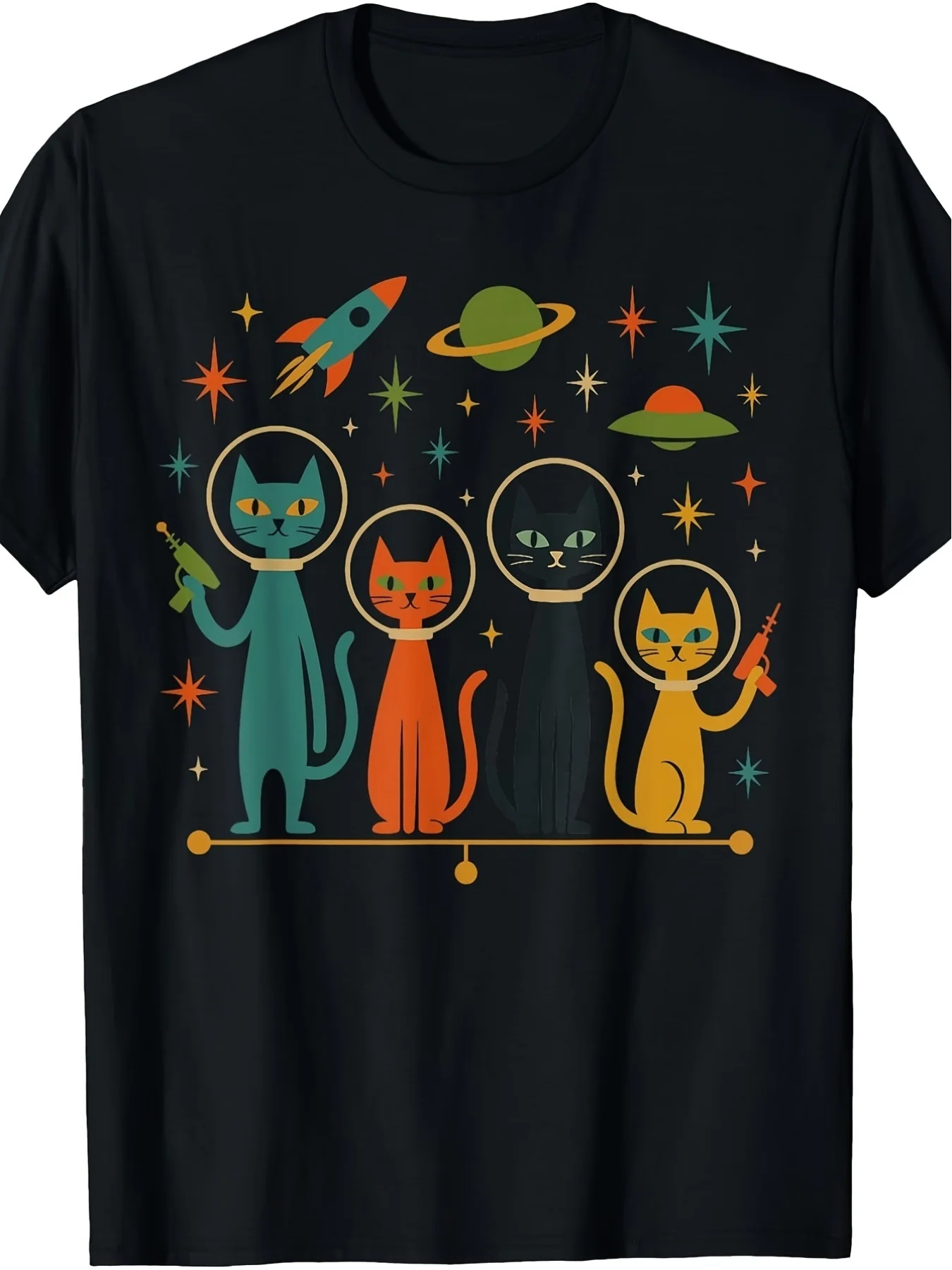 Women'S Plus Size Graphic T-Shirt Vintage T-Shirt Featuring Space Cats from The 50S And 60S Fashionable Versatile Casual T-Shirt
