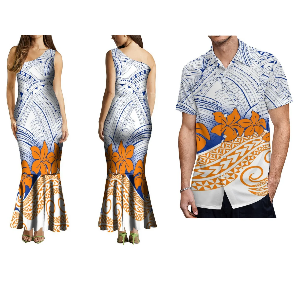 Fiji Island Style Custom Temperament Mermaid Dress Slim Sexy Long Skirt Summer Men'S Shirt Polynesian Couple Suit