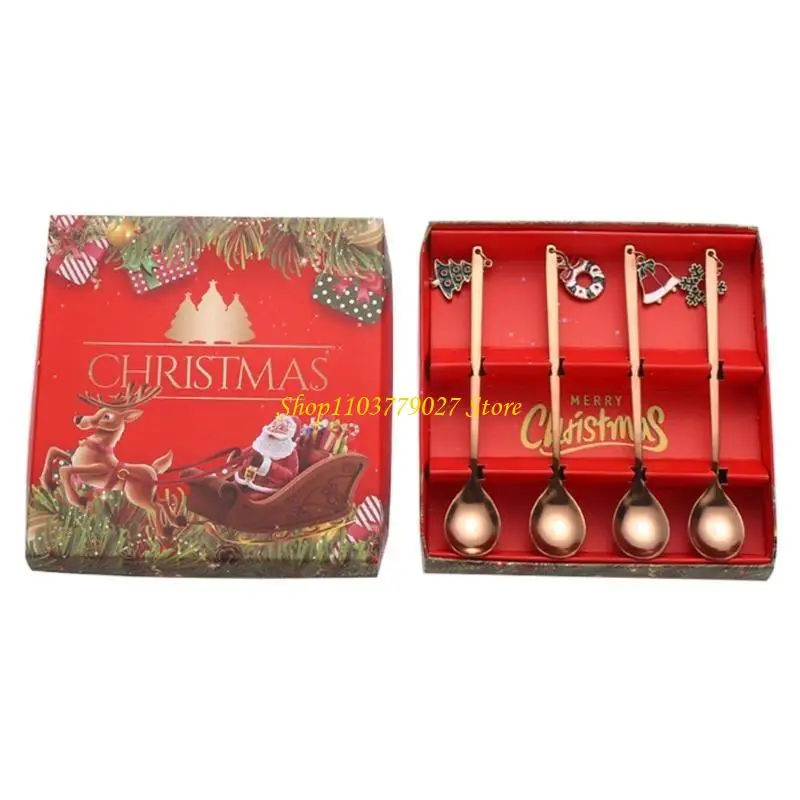 C4DF 4 Pieces Ice Cream Spoons Christmas Themed Stainless Steel Stirring Coffee Spoon