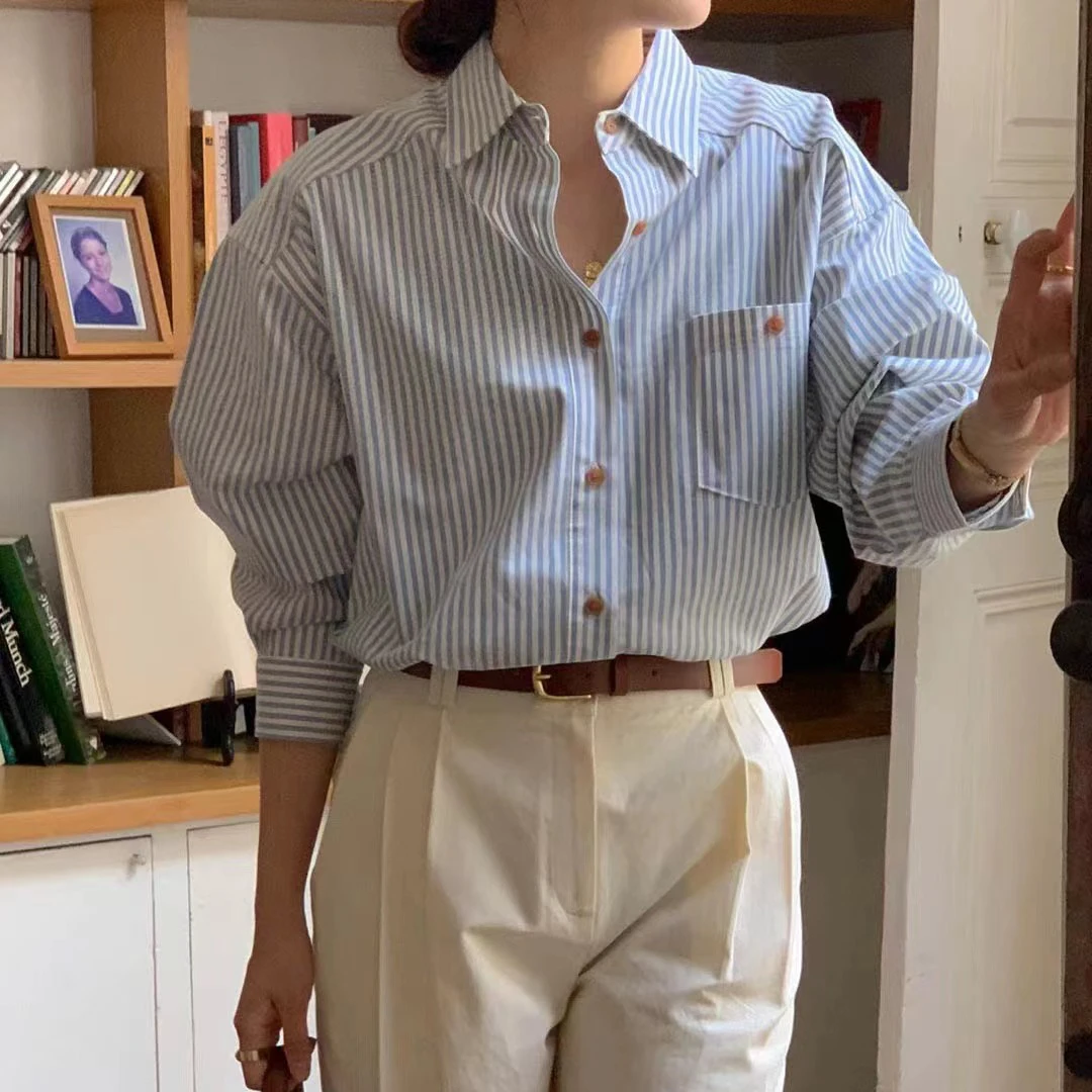 

Casual Loose Long Sve irt Collar Color Blo Vertical Stripes Versatile Loose Fit Long Sve Women's irt Summer 2025