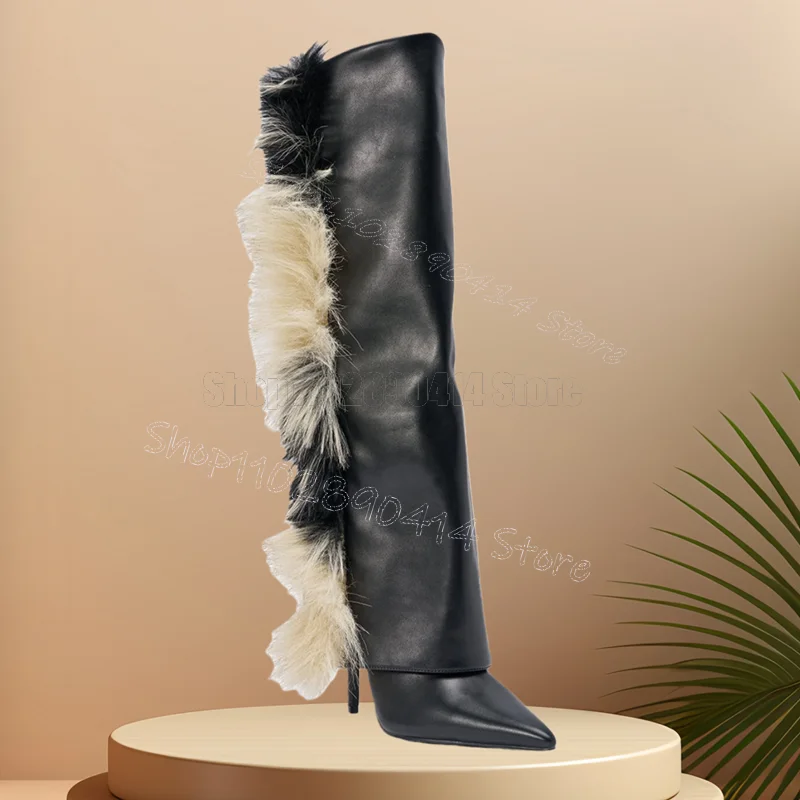 Gradient Color Fur Black Turned Over Boots Slip On Women Shoes Thin High Heels Pointed Toe Feast Dating 2026 Zapatos Para Mujere