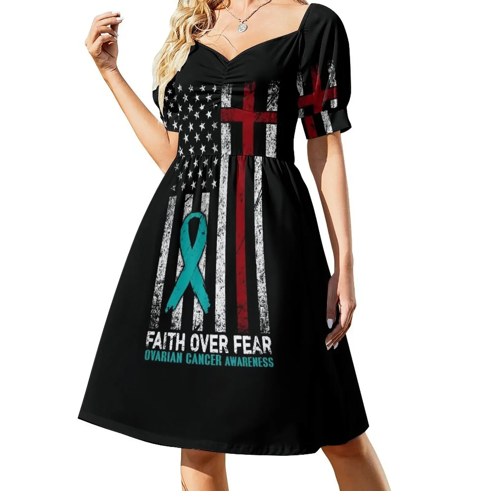 Christian Distressed USA Flag Cross Faith Over Fears Ovarian Cancer Awareness Sleeveless Dress Long dress Dress