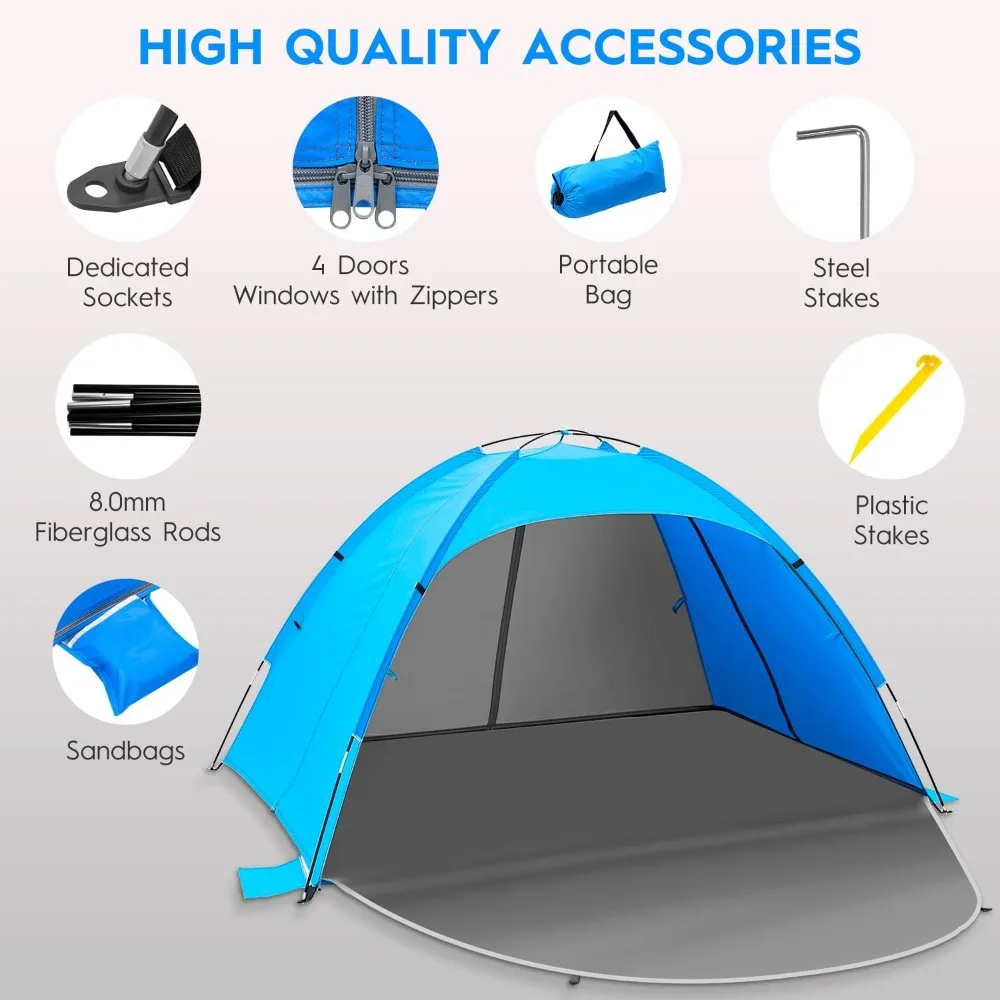 خيمة محمولة مأوى للشمس تتسع لـ 4 أشخاص مع عامل حماية من الأشعة فوق البنفسجية 50+، تصميم مكون من 4 أبواب قابل للتنفس وأعمدة من الألياف الزجاجية مقاس 8.0 مم #6