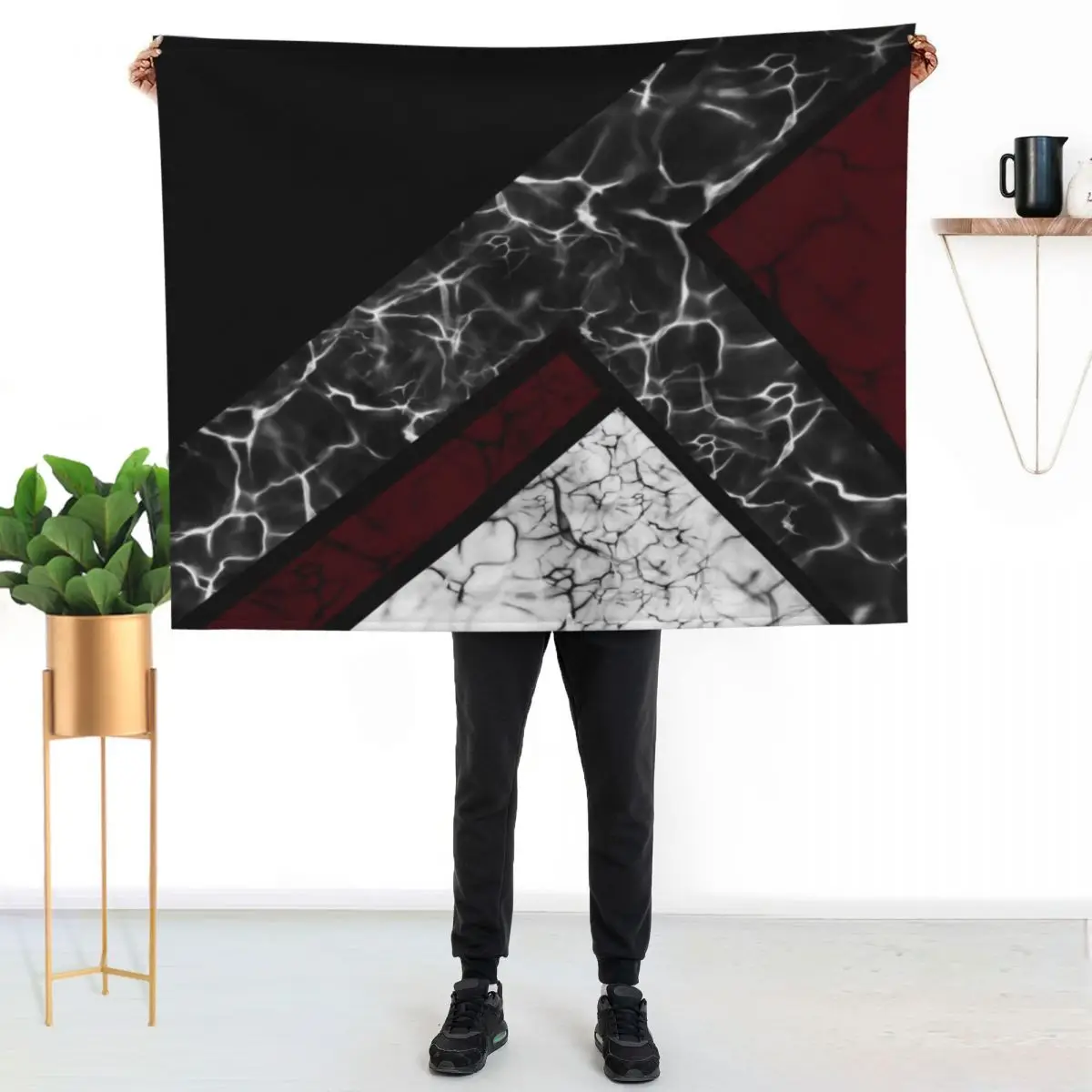 

Maroon Black Marble Throw Blanket Plush Fuzzy Cozy Blanket for Couch Sofa