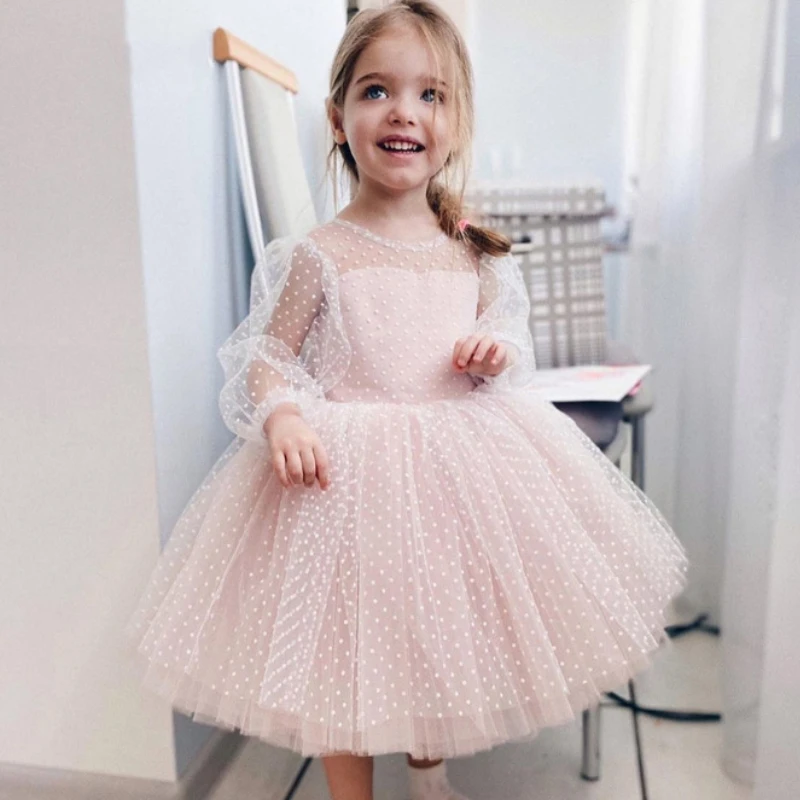 

Flower Girl Dresses Pink Tulle Puffy Banded Point Long Sleeve For Wedding Birthday Party Banquet First Communion Gowns