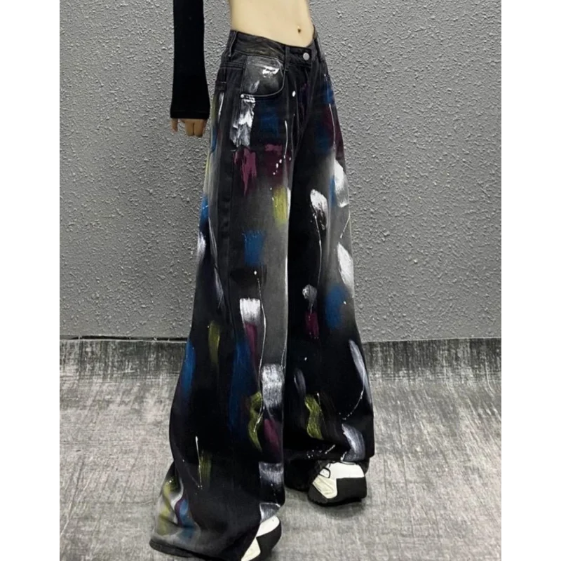 Color-blocked Denim Wide-leg Floor Pants Women in Autumn Personalized Painting New High-waist Loose Temperament Casual Pants