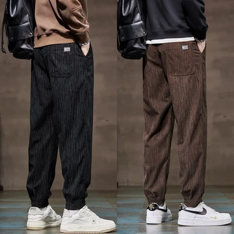 

Мужские повседневные брюки на подкладке Thiened Fce, свободный крой, осень-зима, модные брендовые брюки с манжетами, полиэфирное волокно, с низкой талией