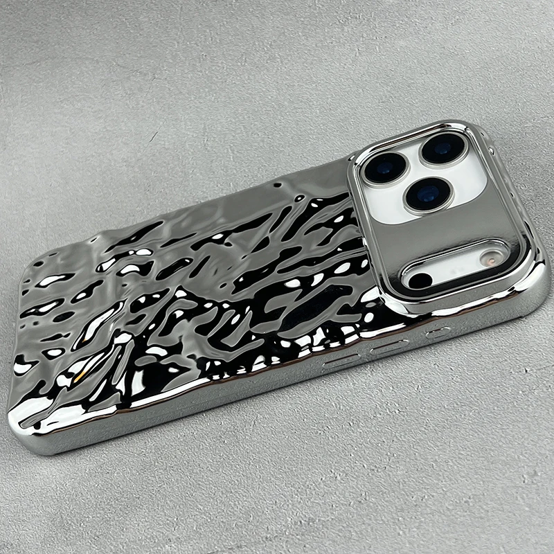 

Luxury Plating Silver Glossy Water Ripple Texture Phone Cover Case For iPhone 17 Pro Max Air 16 15 14 13 12 11
