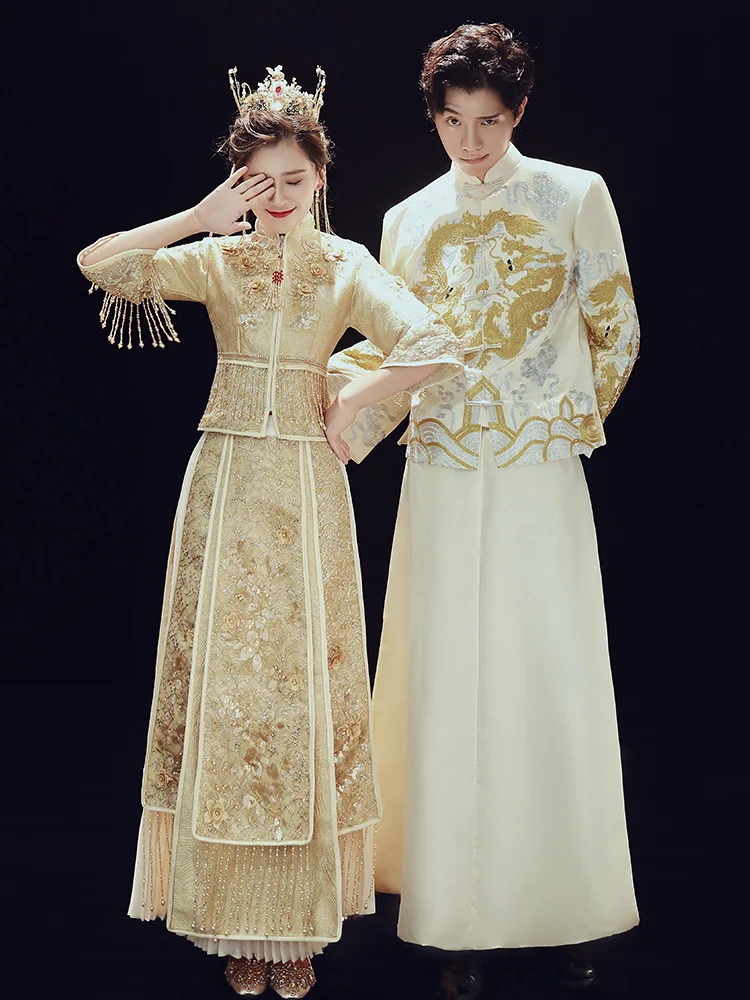 Yourqipao Oriental Style Champagne Chinese Traditional Wedding Dress Stylish Couple Clothes Cheongsam China китайская одежда