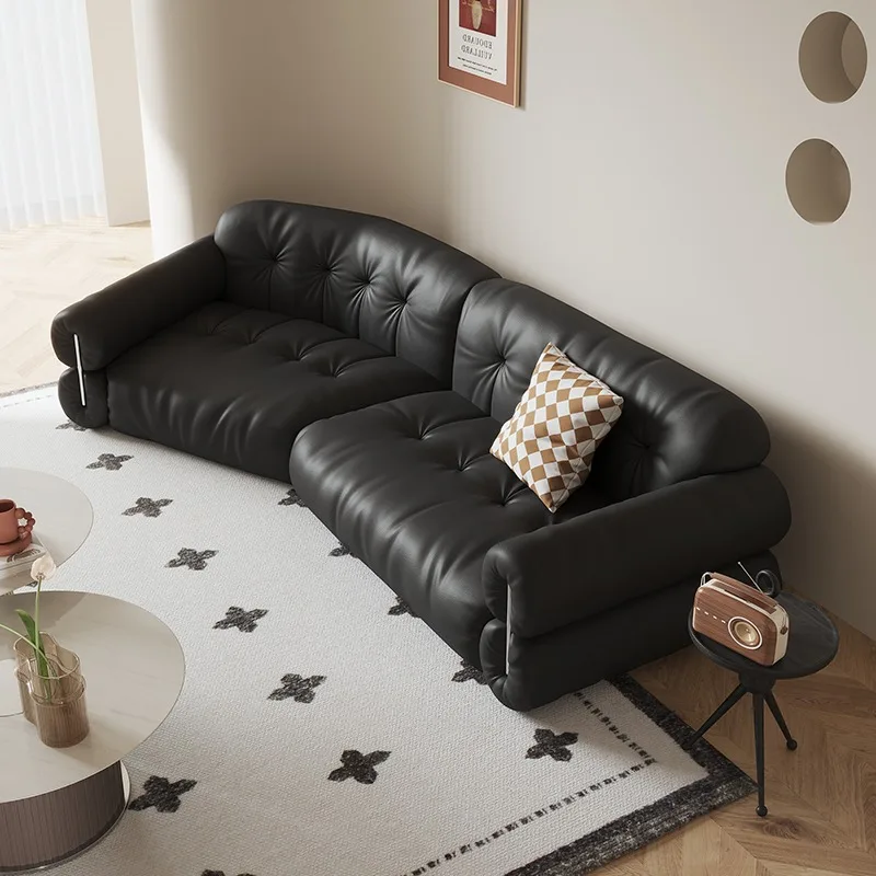 Elegant French Retro Leather Sofa Black Straight Line Cowhide Sofa