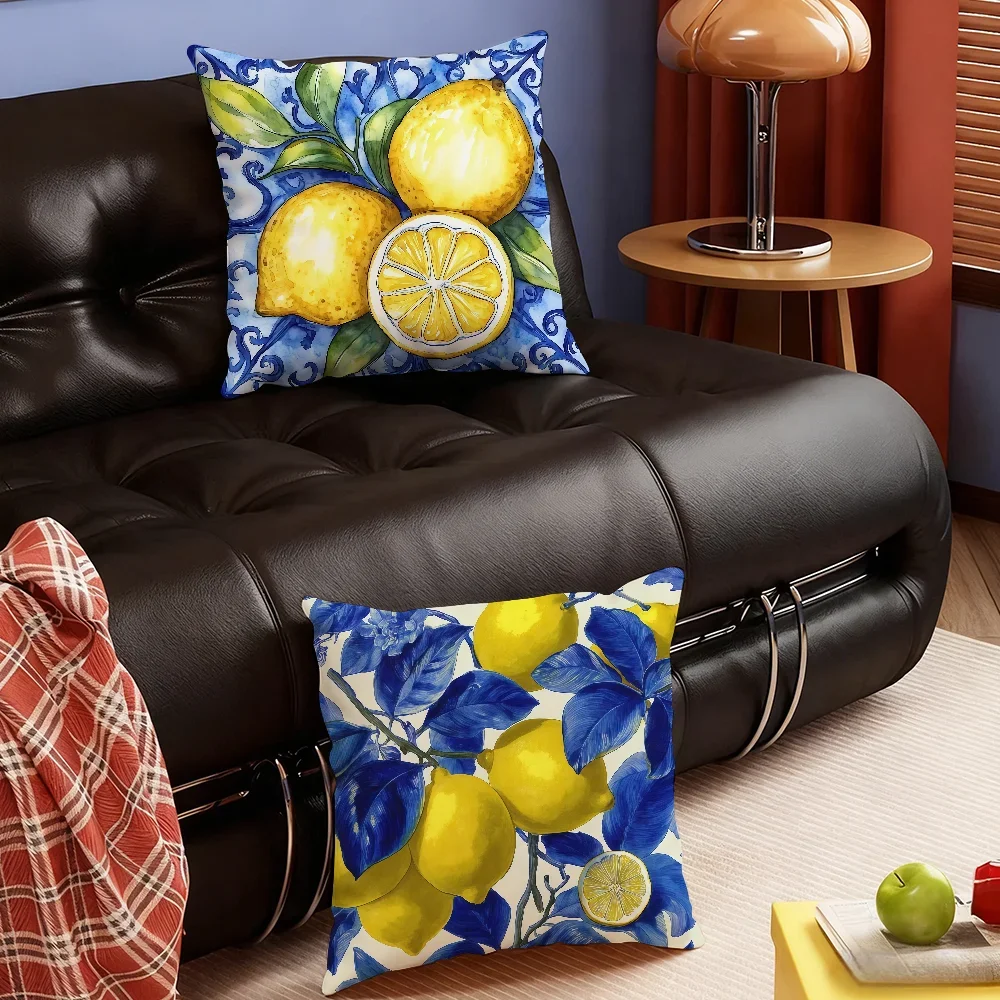 Art Lemon Blue Toned cushion cover Soft Smooth Hidden Zipper Washable Decorative Couch Office Housewarming Gift