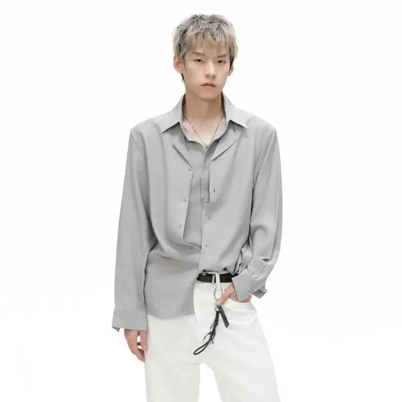 

Осень 2022, мужские рубашки в корейском стиле, нерегулярный отложной воротник, однотонная повседневная мужская рубашка с длинными рукавами