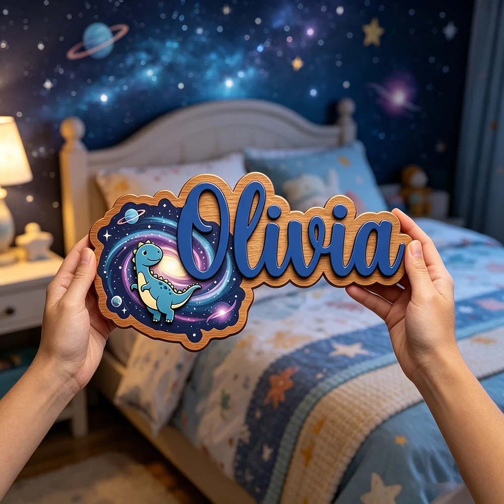 Whimsical Space Dinosaur Custom Name Plaque for The Dearest Baby, Unisex Cosmic Nursery Wall Decor
