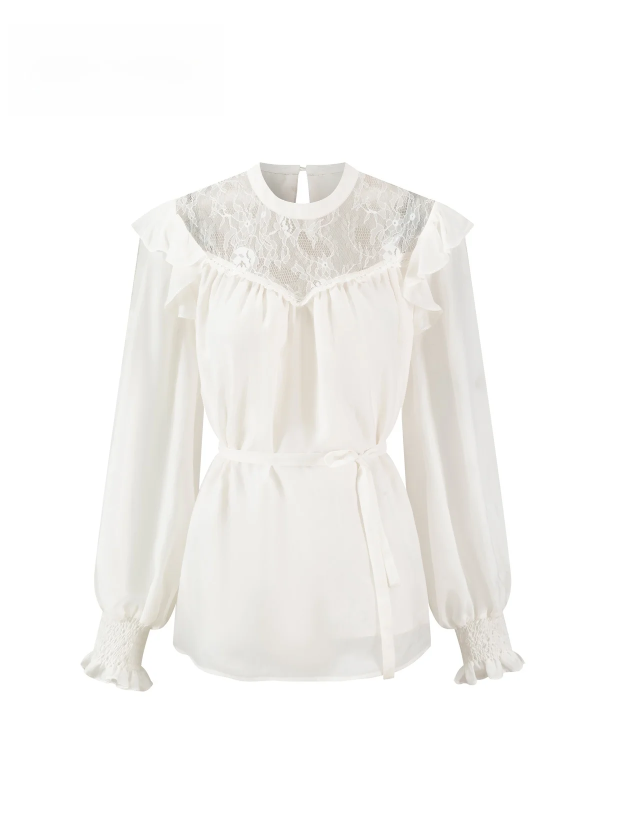 

Женская блузка в ретро-стиле с кружевными вставками и сборками на талии, создающая сказочную атмосферу, летняя новинка, с длинным рукавом и круглым вырезом