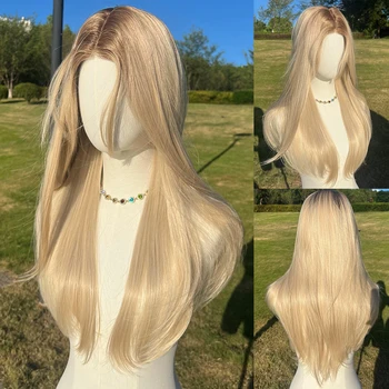 26inch Natural Golden Synthetic Long Straight Lolita Wig With Bangs Girl Cute Blonde Cosplay Party Halloween Ladies Wig