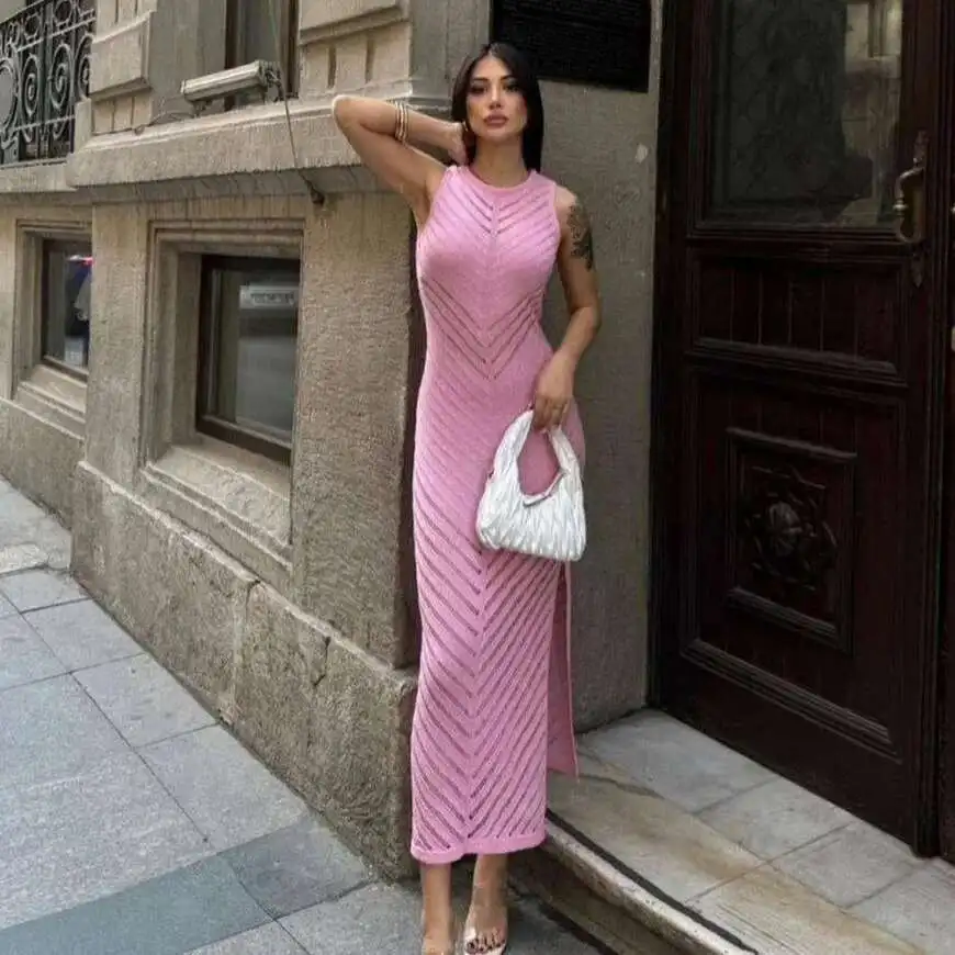 

New Women's 2025 Hollow Out Sleeveless Slim Fit Sexy Solid Color Knitted Dress 2025 Summer Dress Robe Vestido Women Elegant