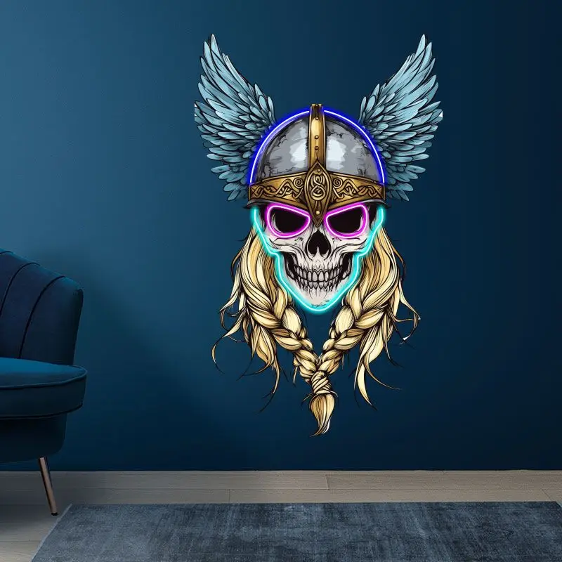 Helmeted Skull With Braids & Wings Neon Sign, Creative Wall Hanging Neon Light, Whimsical Gift Night Light, Halloween Decor