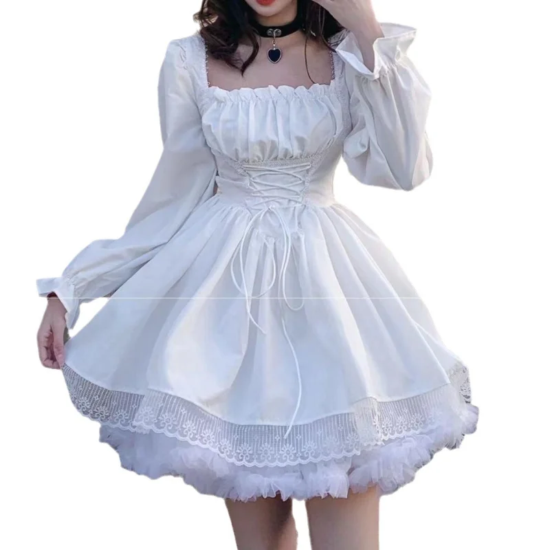 

2025 New French Sweet Puff Sleeve Dress Women Square Neck Kawaii Lace Lolita Dresses Japan Cute Princess Elegant Party Vestidos