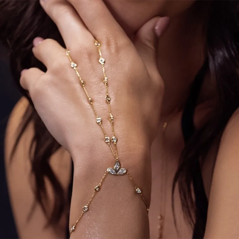 الفضة / الذهب ثلاثة كريستال ليف اليد سلسلة فنجر سوار أزياء مثير مجوهرات سلاسل طويلة سوار الاصبع