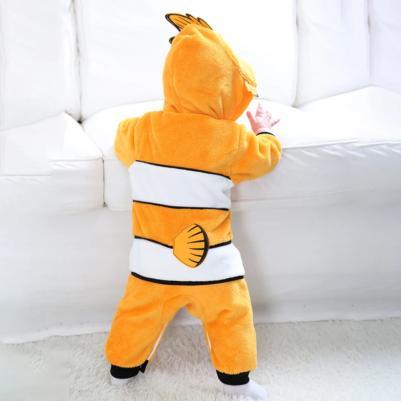 Costume de Cosplay Kigurumis Nemo pour bébé, barboteuse d'animal de dessin animé, combinaison en flanelle fantaisie pour Halloween, pour garçons et filles