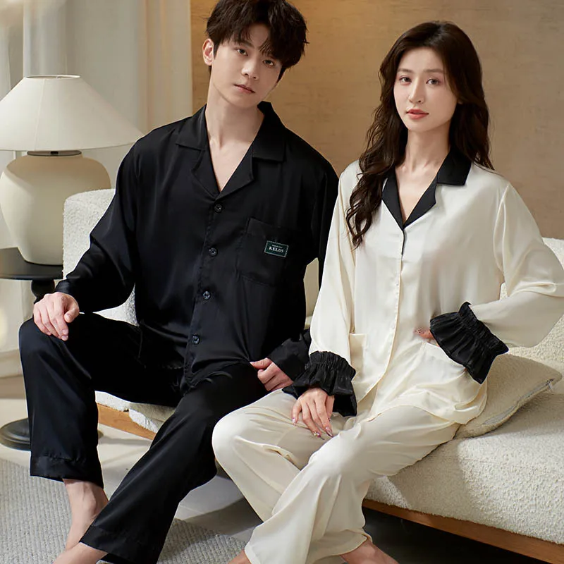 

Couples Sleepwear Long Sleeve Shirt Pants Summer Ice Silk Satin Home Clothes Set Men Women Pajamas