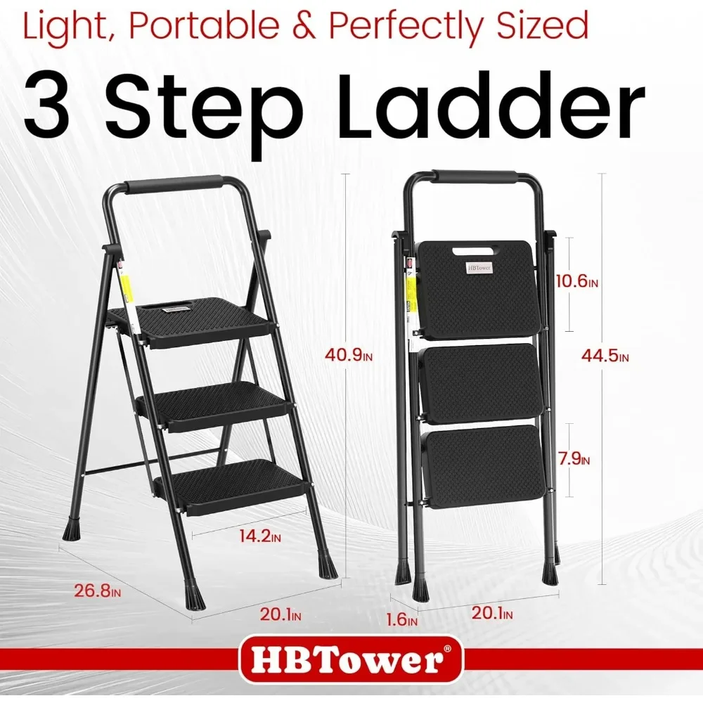 Step Ladder, Folding Step Stool with Wide Anti-Slip Pedal, Sturdy Steel Ladder,Handrail, Lightweight, Portable Steel Step Stool