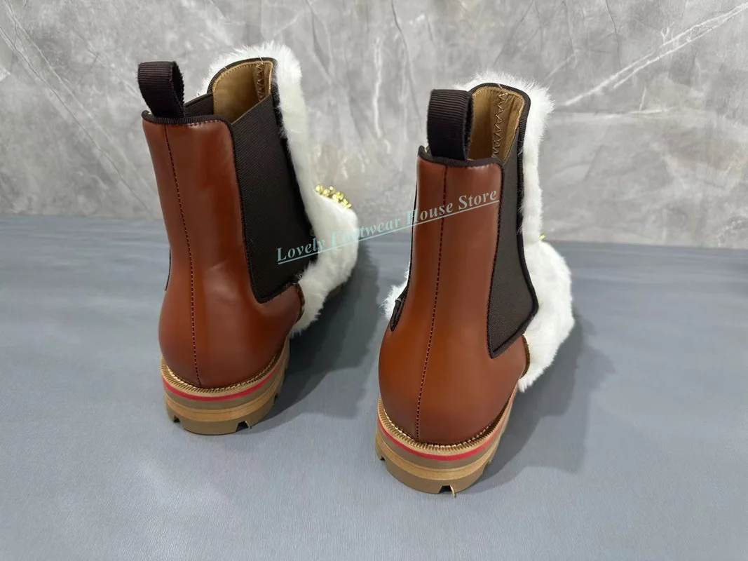

Luxury Mixed Color Man Rivet Ankle Boots Fur Leather Spike Round Toe Chelsea Boots Slip On Anti Slip Brown White Short Boots
